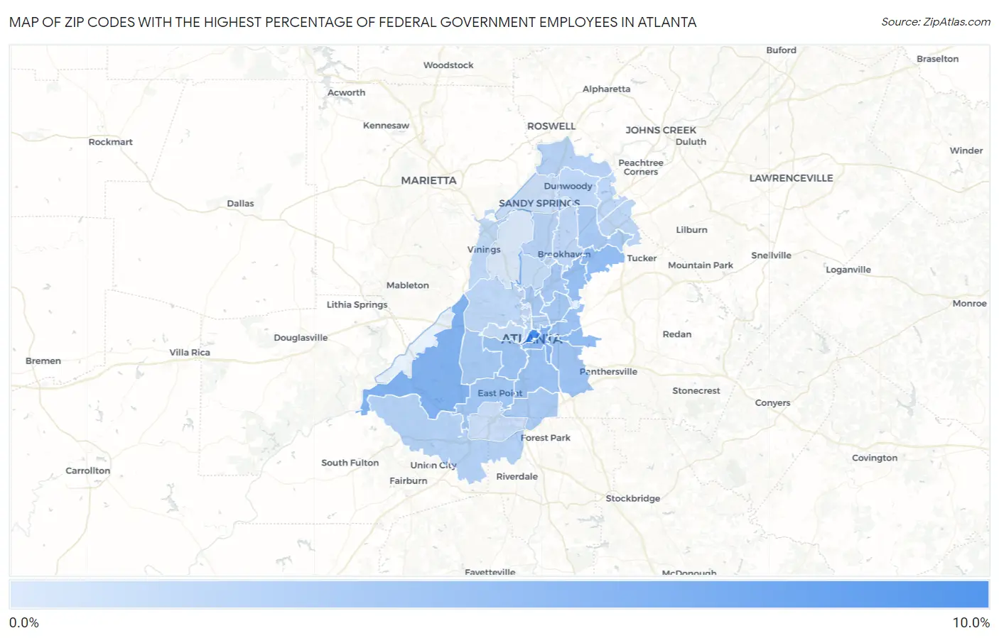 Zip Codes with the Highest Percentage of Federal Government Employees in Atlanta Map