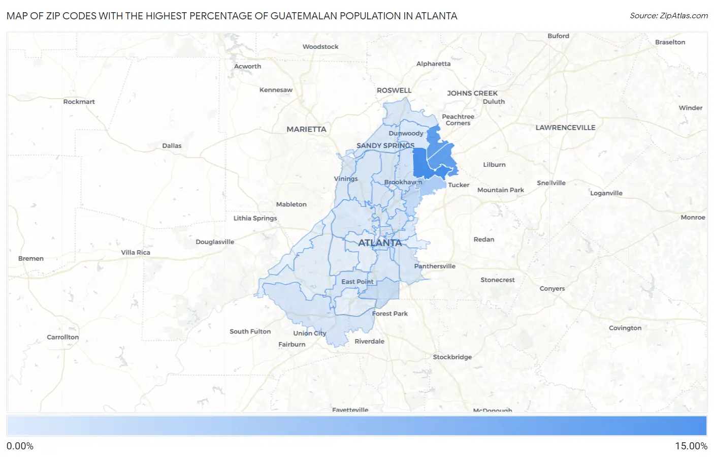 Zip Codes with the Highest Percentage of Guatemalan Population in Atlanta Map