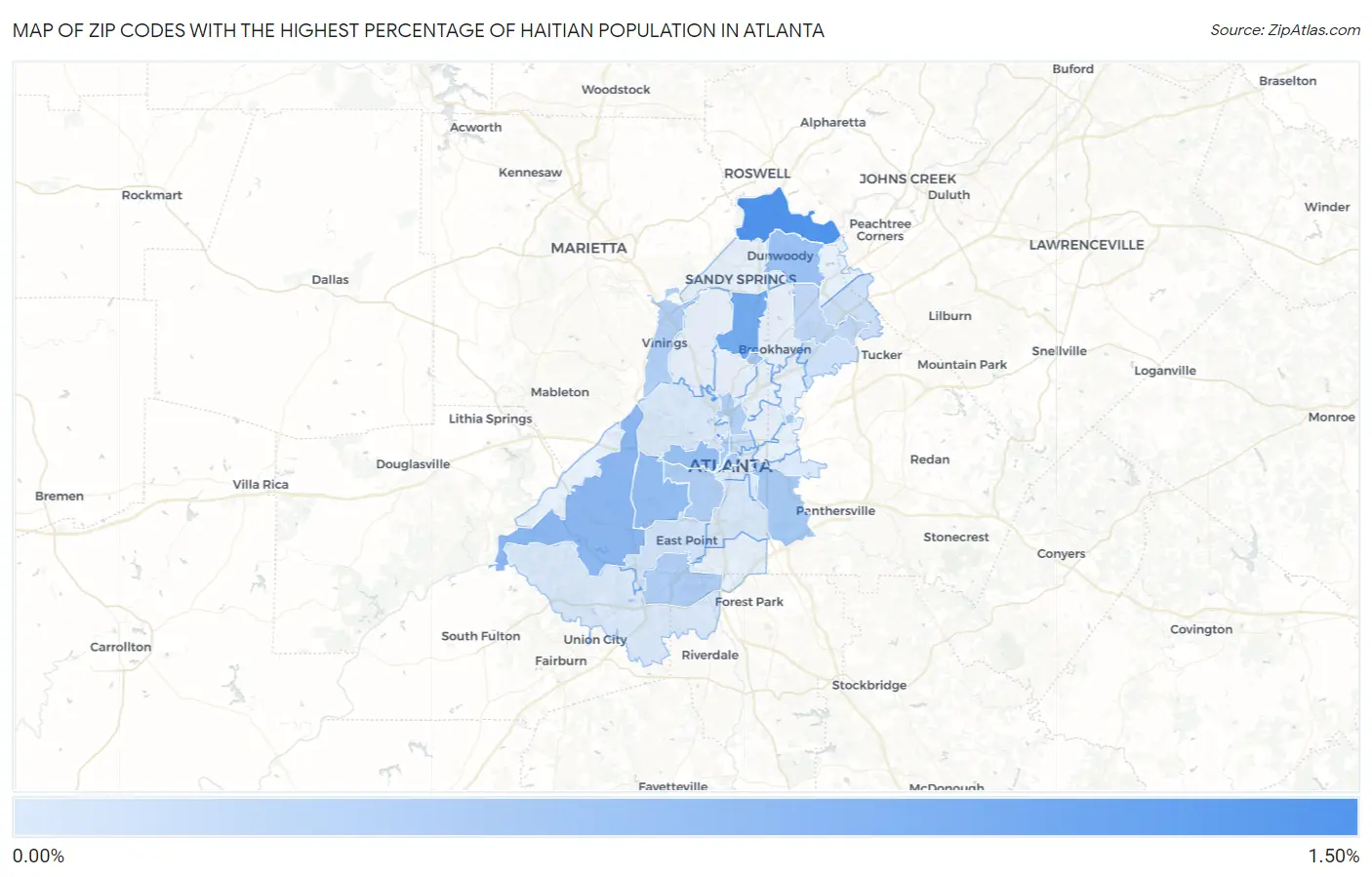 Zip Codes with the Highest Percentage of Haitian Population in Atlanta Map