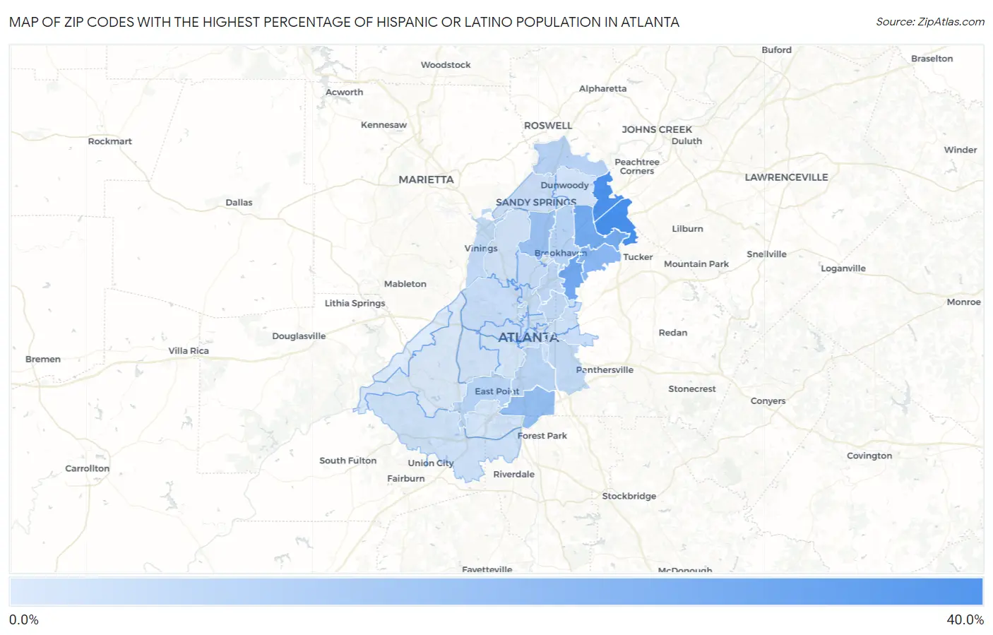 Zip Codes with the Highest Percentage of Hispanic or Latino Population in Atlanta Map
