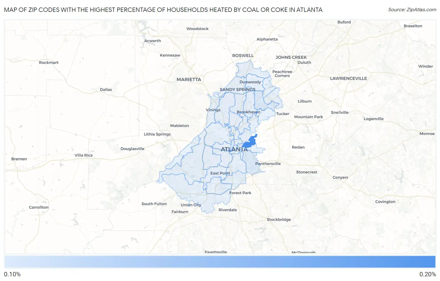 Zip Codes with the Highest Percentage of Households Heated by Coal or Coke in Atlanta Map