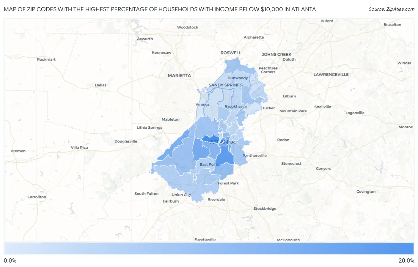 Zip Codes with the Highest Percentage of Households with Income Below $10,000 in Atlanta Map
