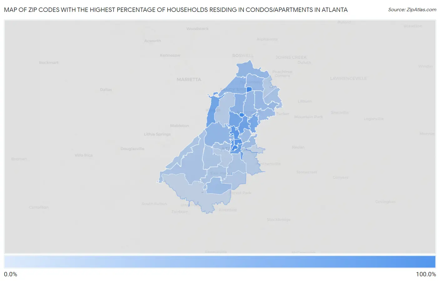 Zip Codes with the Highest Percentage of Households Residing in Condos/Apartments in Atlanta Map