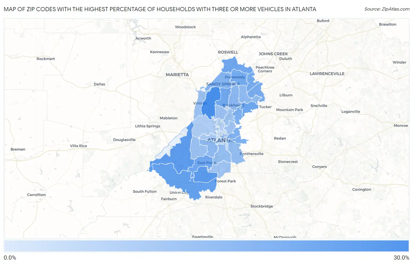 Zip Codes with the Highest Percentage of Households With Three or more Vehicles in Atlanta Map