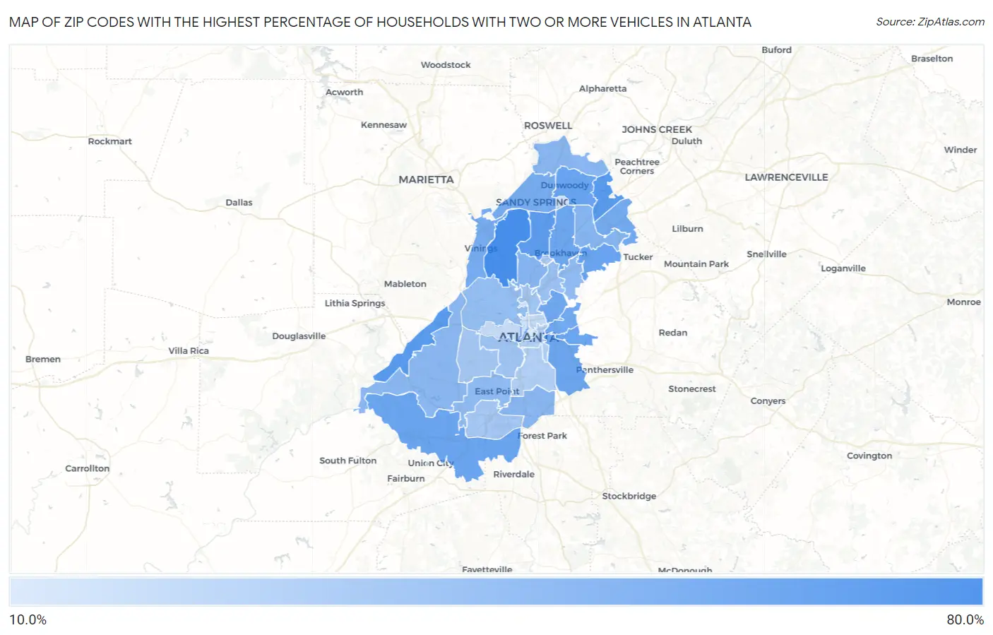Zip Codes with the Highest Percentage of Households With Two or more Vehicles in Atlanta Map