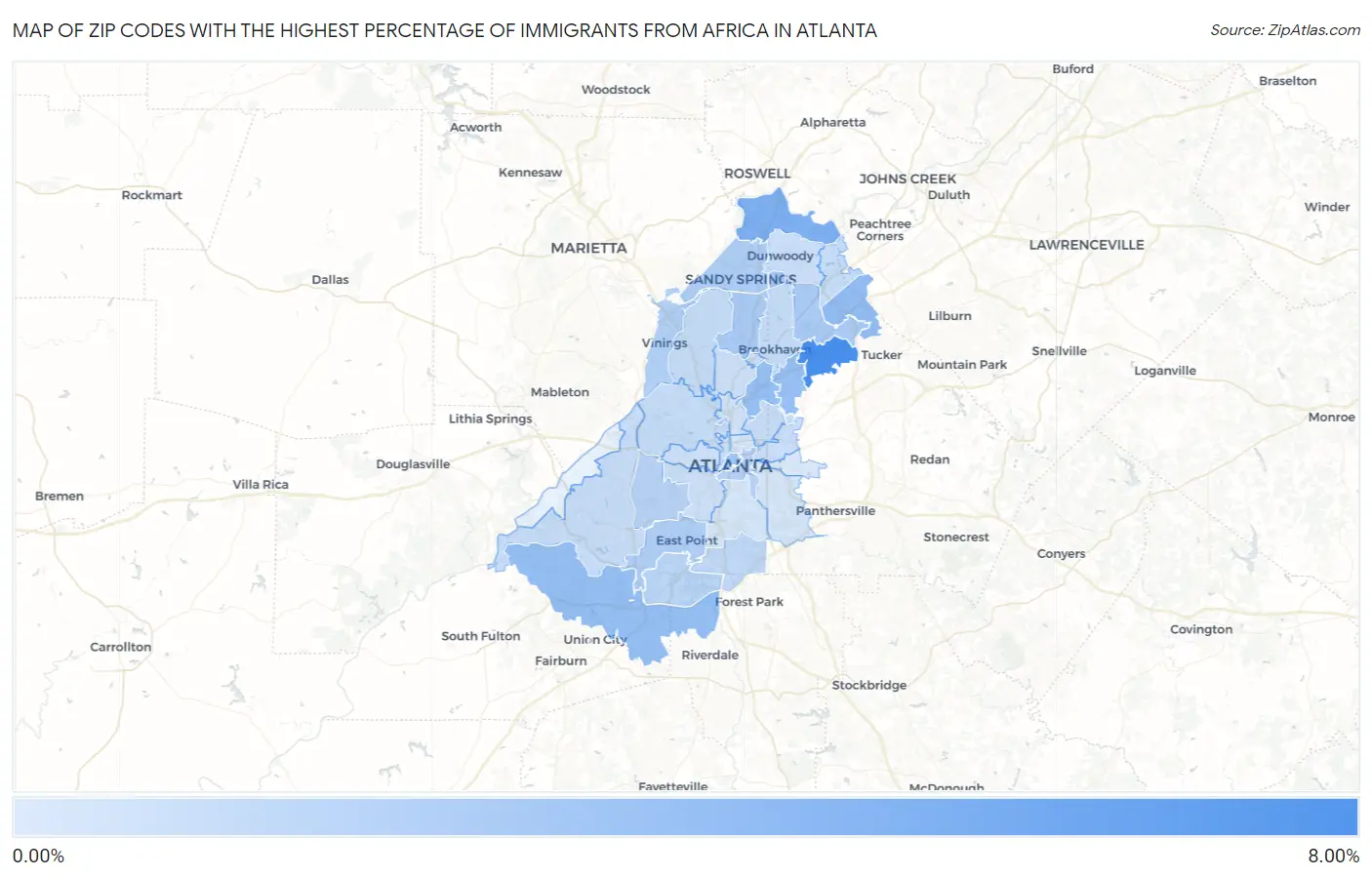 Zip Codes with the Highest Percentage of Immigrants from Africa in Atlanta Map