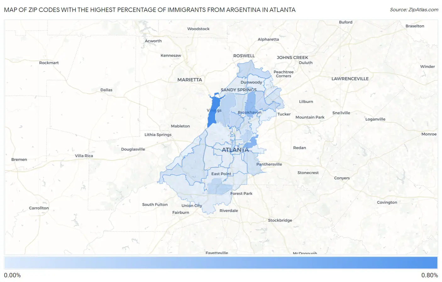 Zip Codes with the Highest Percentage of Immigrants from Argentina in Atlanta Map