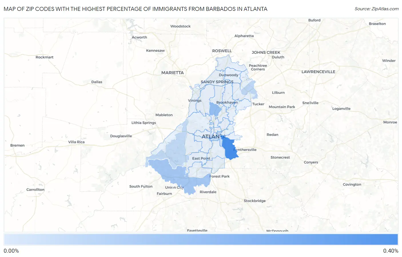 Zip Codes with the Highest Percentage of Immigrants from Barbados in Atlanta Map