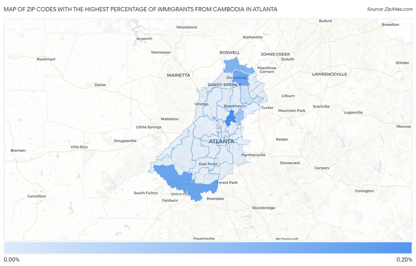 Zip Codes with the Highest Percentage of Immigrants from Cambodia in Atlanta Map
