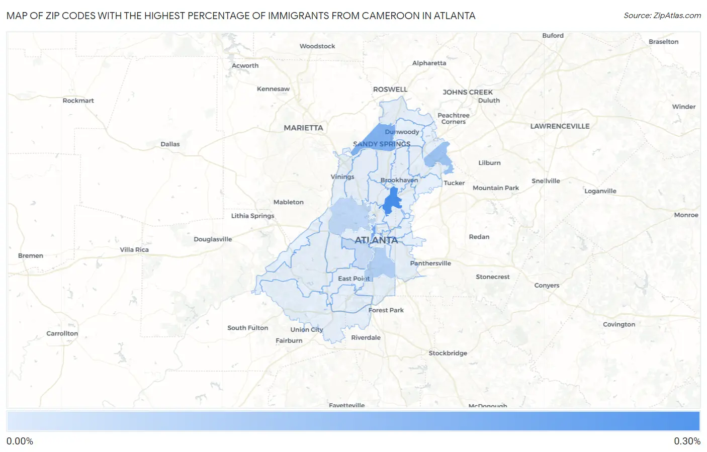 Zip Codes with the Highest Percentage of Immigrants from Cameroon in Atlanta Map