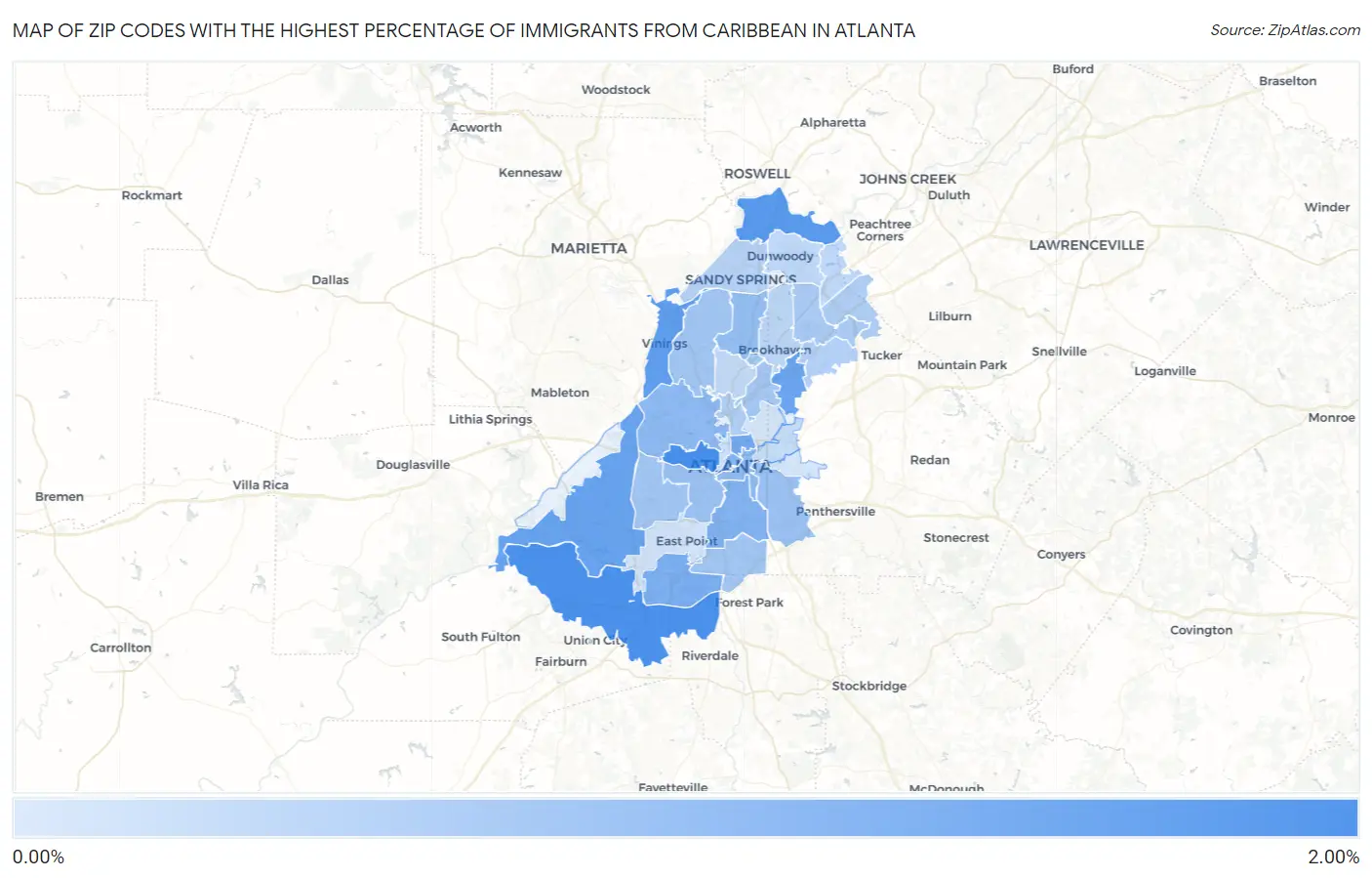 Zip Codes with the Highest Percentage of Immigrants from Caribbean in Atlanta Map