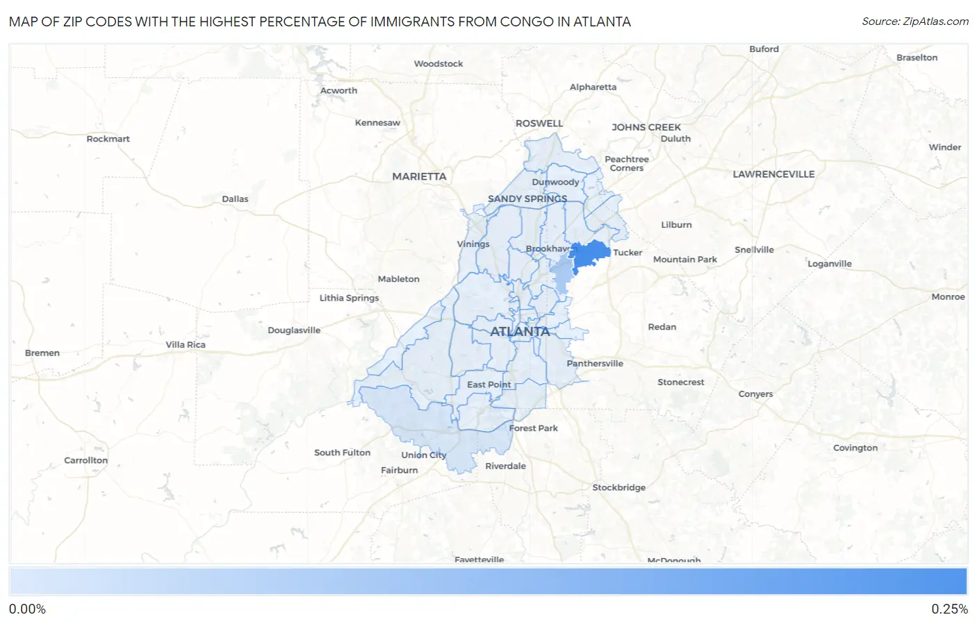 Zip Codes with the Highest Percentage of Immigrants from Congo in Atlanta Map