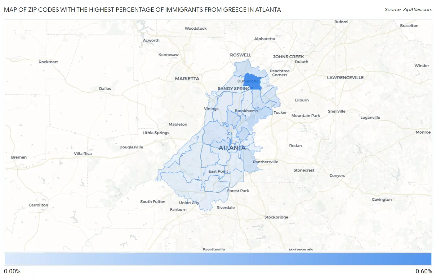 Zip Codes with the Highest Percentage of Immigrants from Greece in Atlanta Map