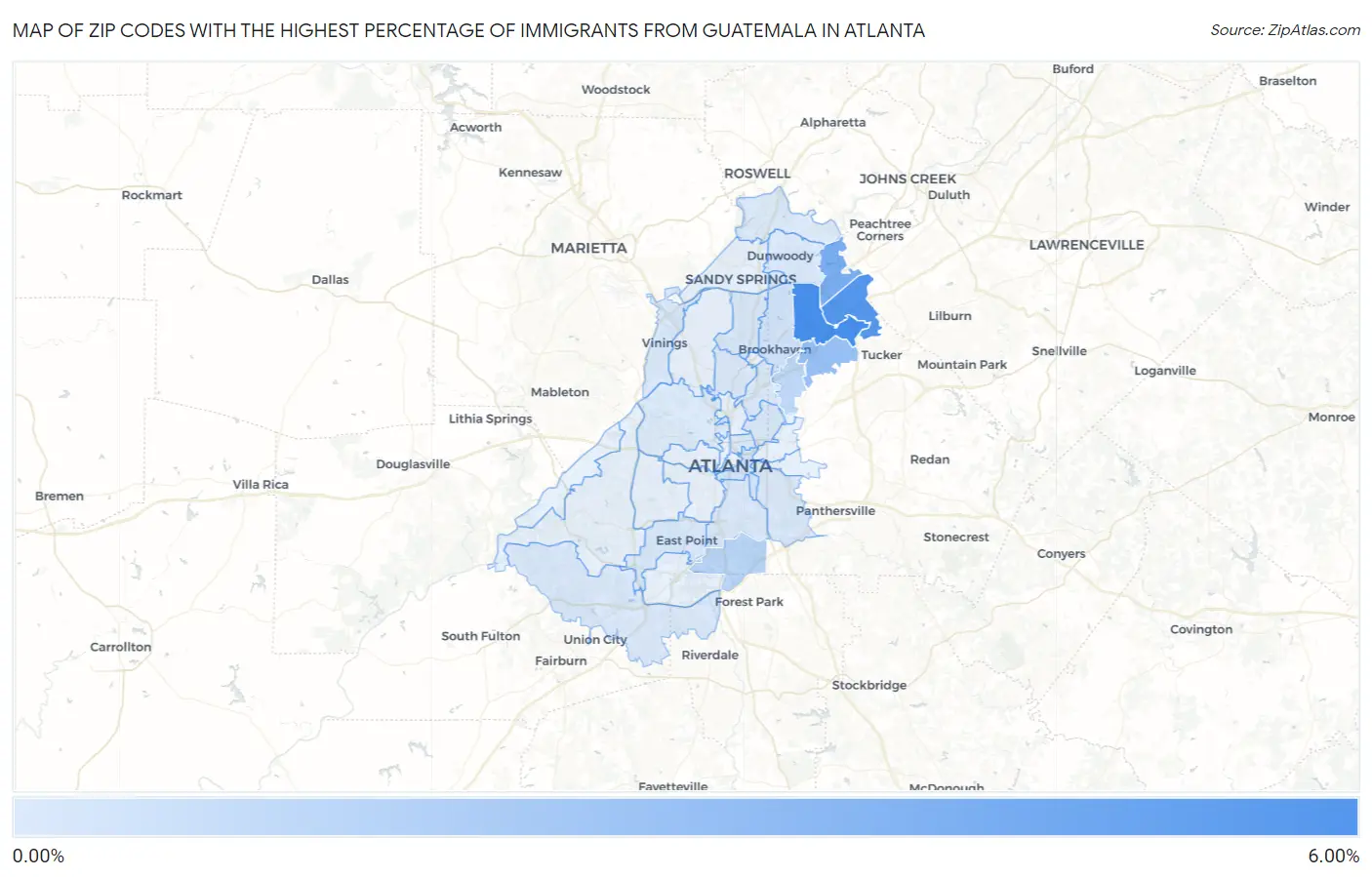 Zip Codes with the Highest Percentage of Immigrants from Guatemala in Atlanta Map