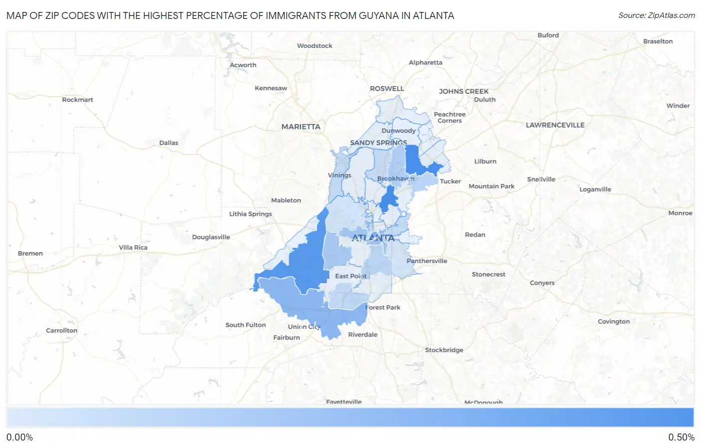 Zip Codes with the Highest Percentage of Immigrants from Guyana in Atlanta Map