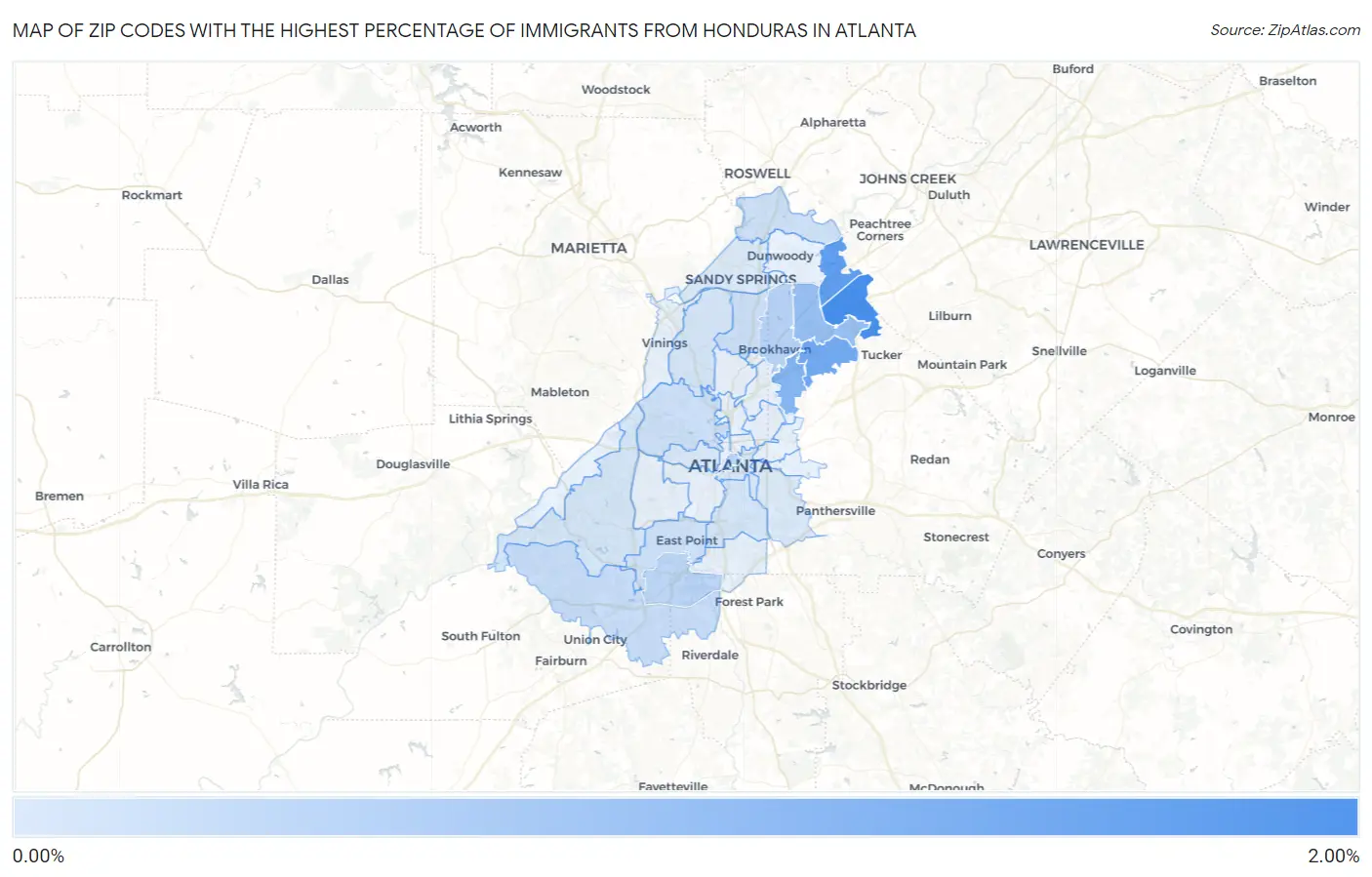 Zip Codes with the Highest Percentage of Immigrants from Honduras in Atlanta Map