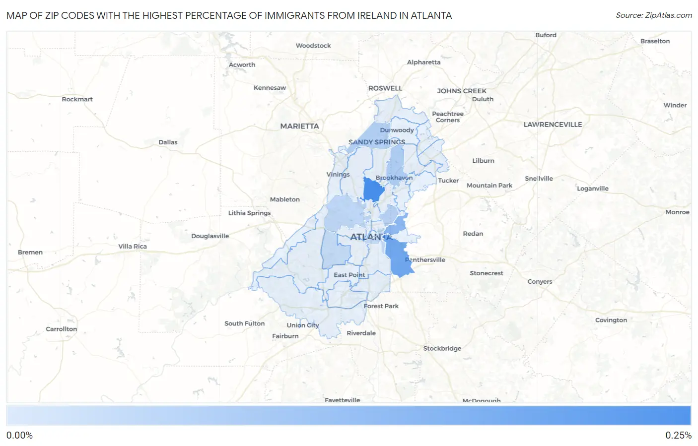 Zip Codes with the Highest Percentage of Immigrants from Ireland in Atlanta Map