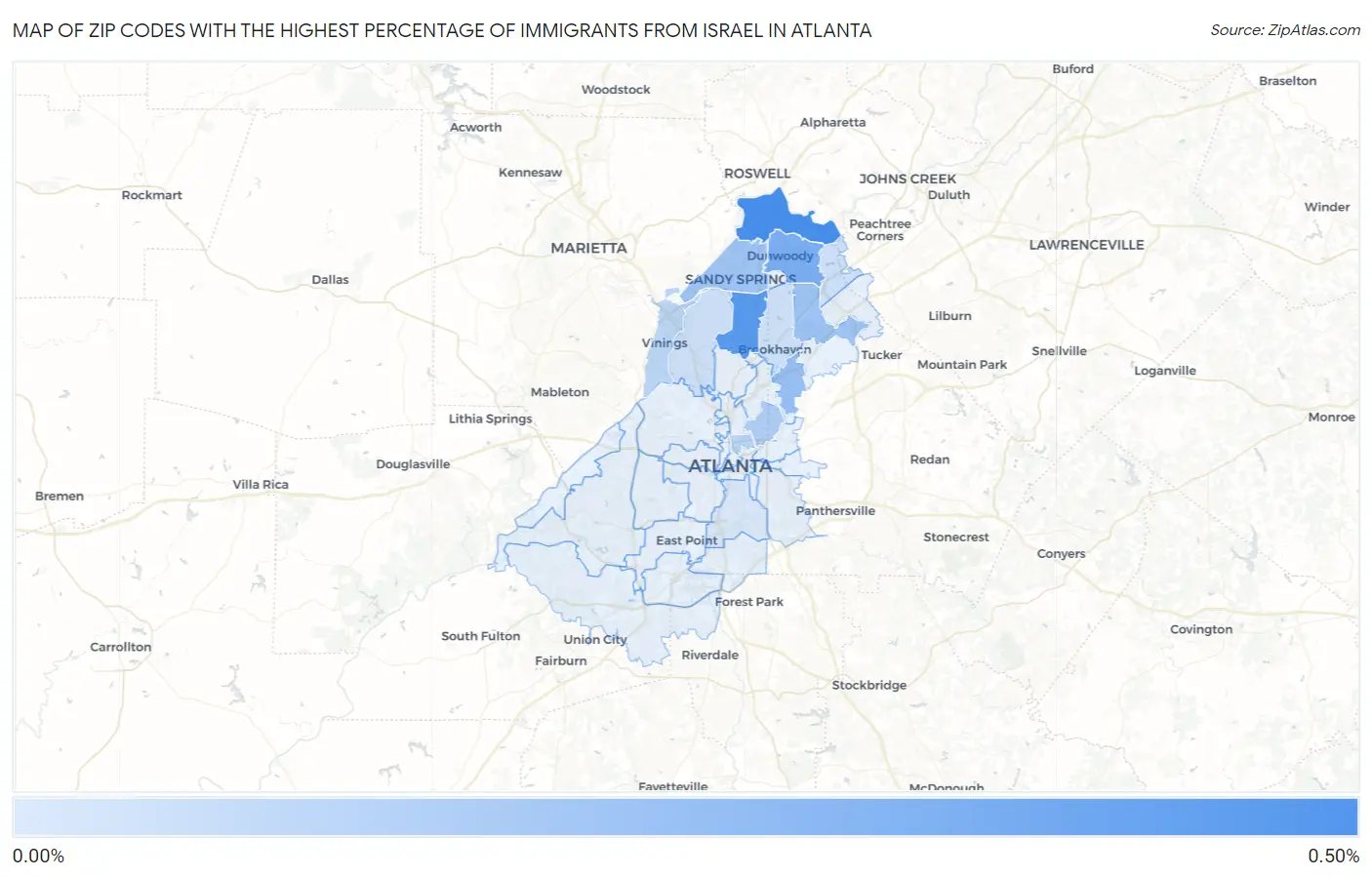 Zip Codes with the Highest Percentage of Immigrants from Israel in Atlanta Map
