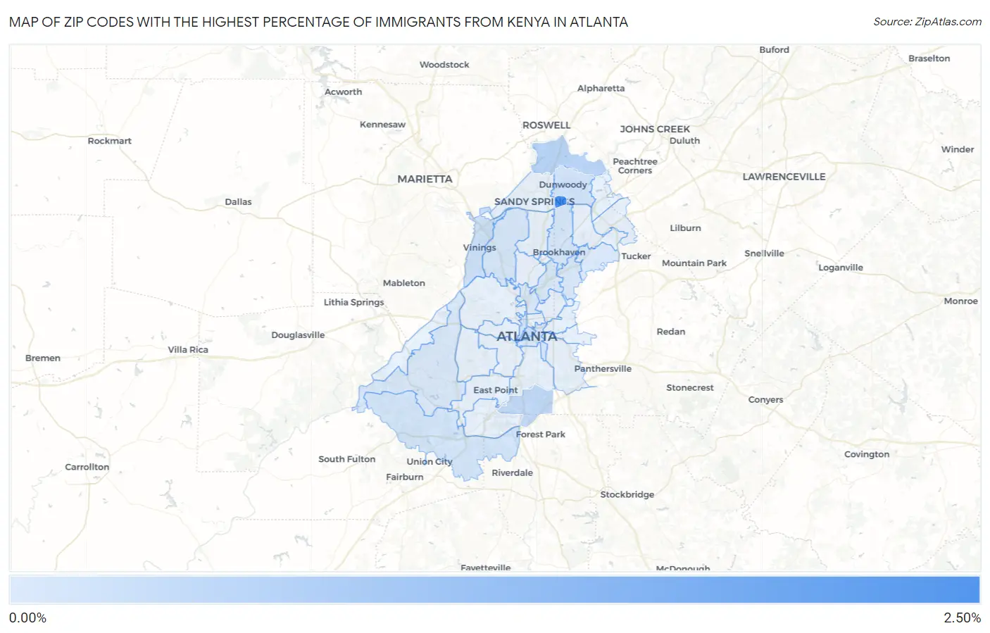 Zip Codes with the Highest Percentage of Immigrants from Kenya in Atlanta Map