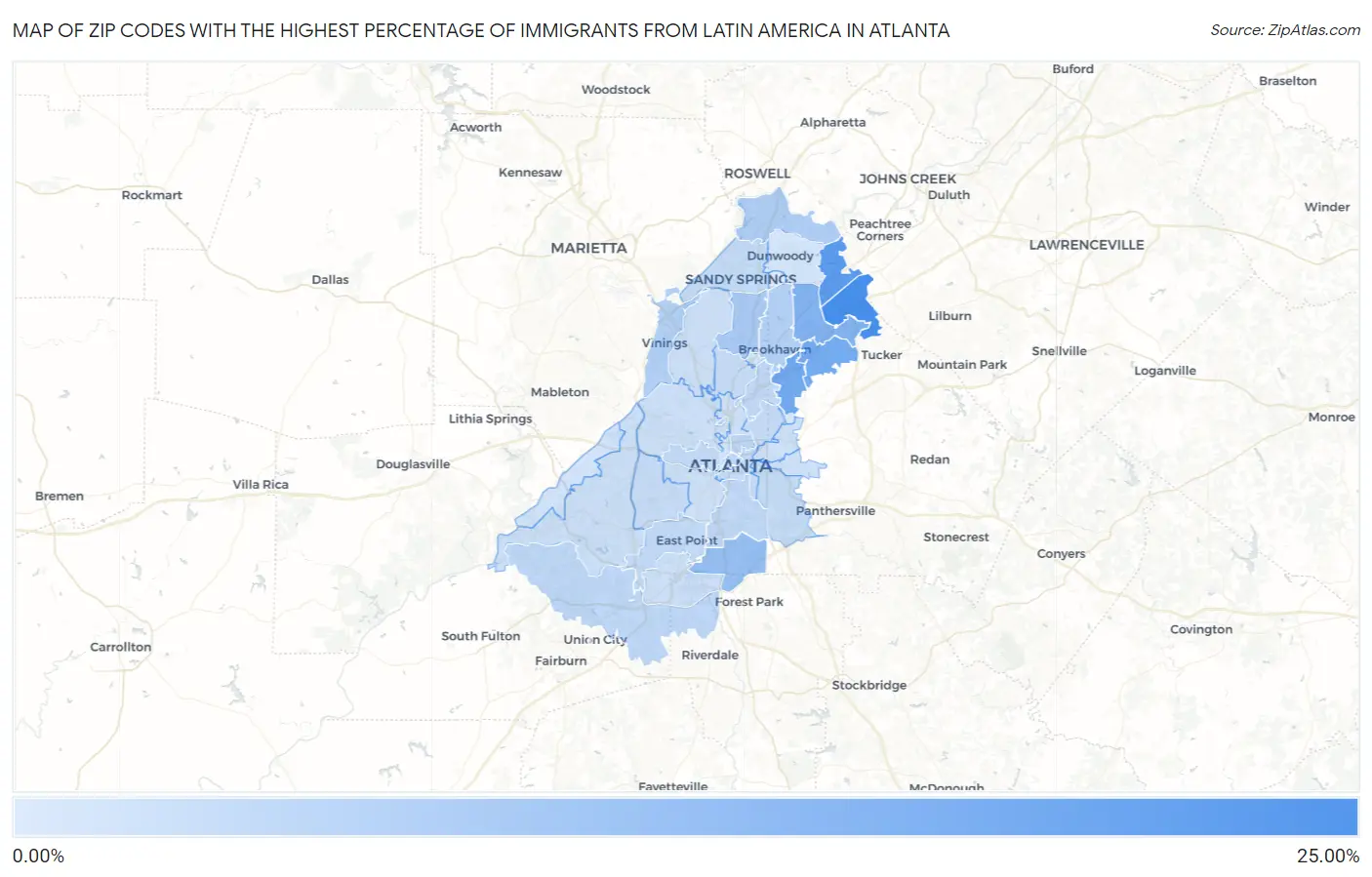 Zip Codes with the Highest Percentage of Immigrants from Latin America in Atlanta Map