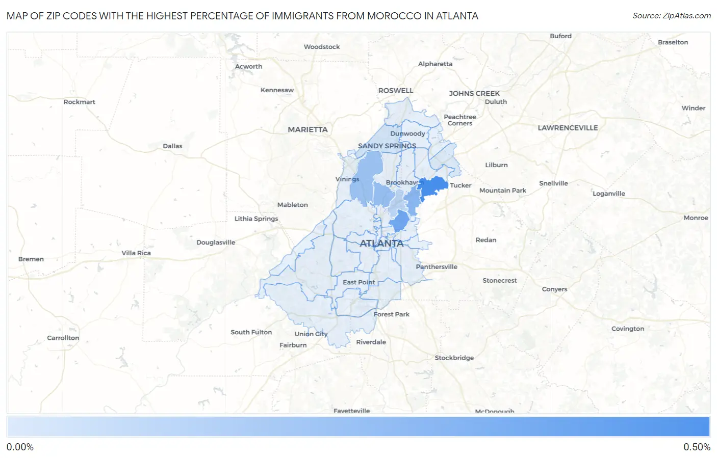 Zip Codes with the Highest Percentage of Immigrants from Morocco in Atlanta Map