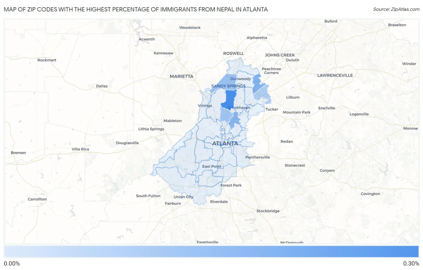 Zip Codes with the Highest Percentage of Immigrants from Nepal in Atlanta Map