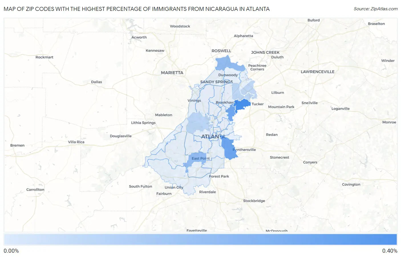 Zip Codes with the Highest Percentage of Immigrants from Nicaragua in Atlanta Map