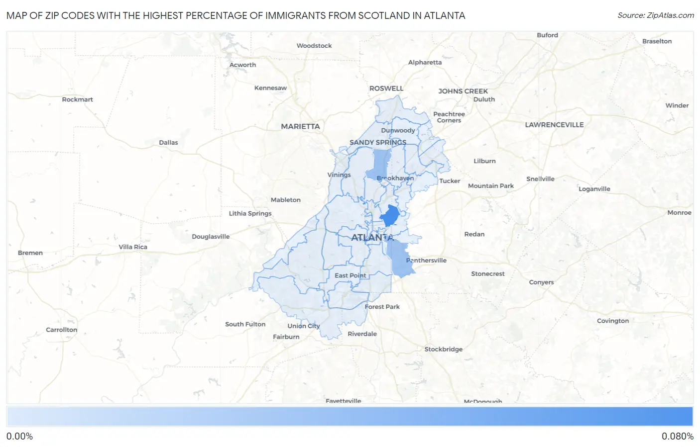 Zip Codes with the Highest Percentage of Immigrants from Scotland in Atlanta Map