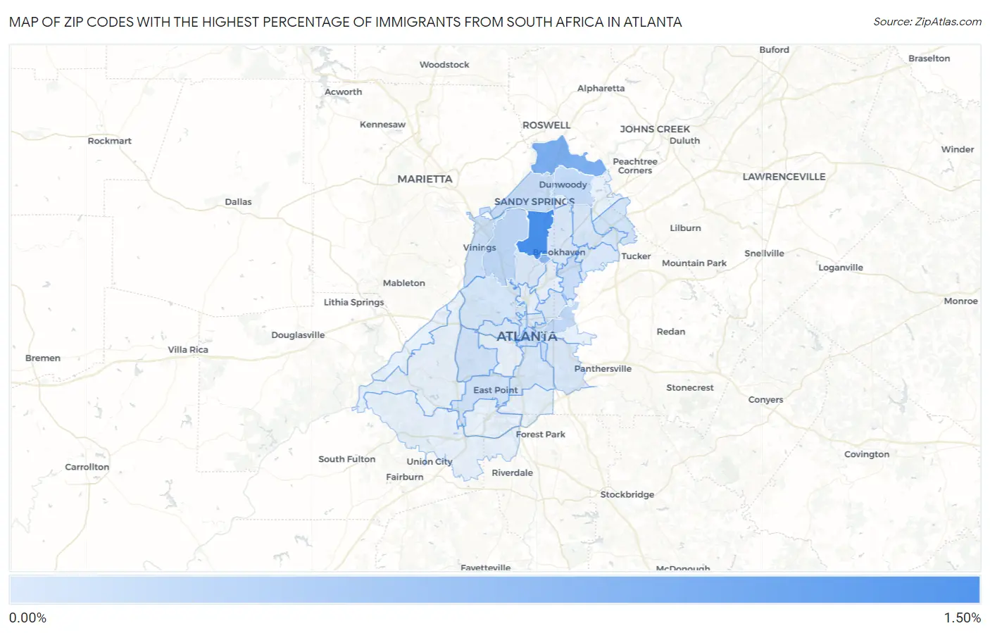 Zip Codes with the Highest Percentage of Immigrants from South Africa in Atlanta Map