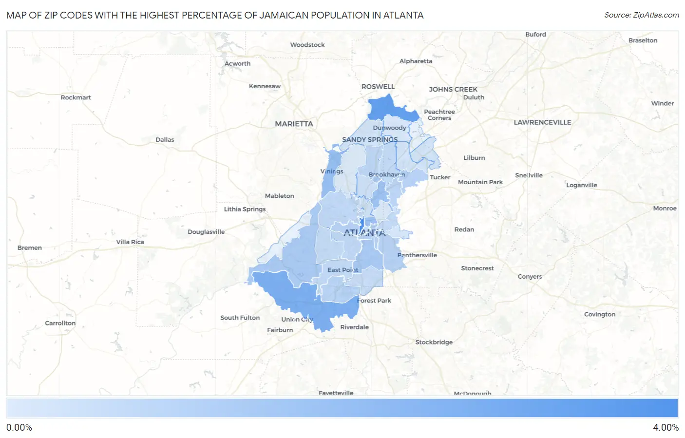Zip Codes with the Highest Percentage of Jamaican Population in Atlanta Map