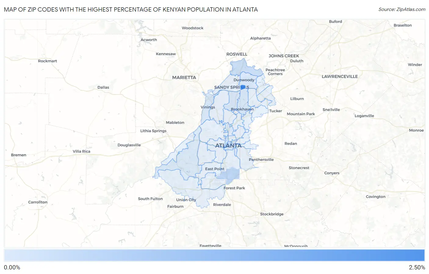 Zip Codes with the Highest Percentage of Kenyan Population in Atlanta Map