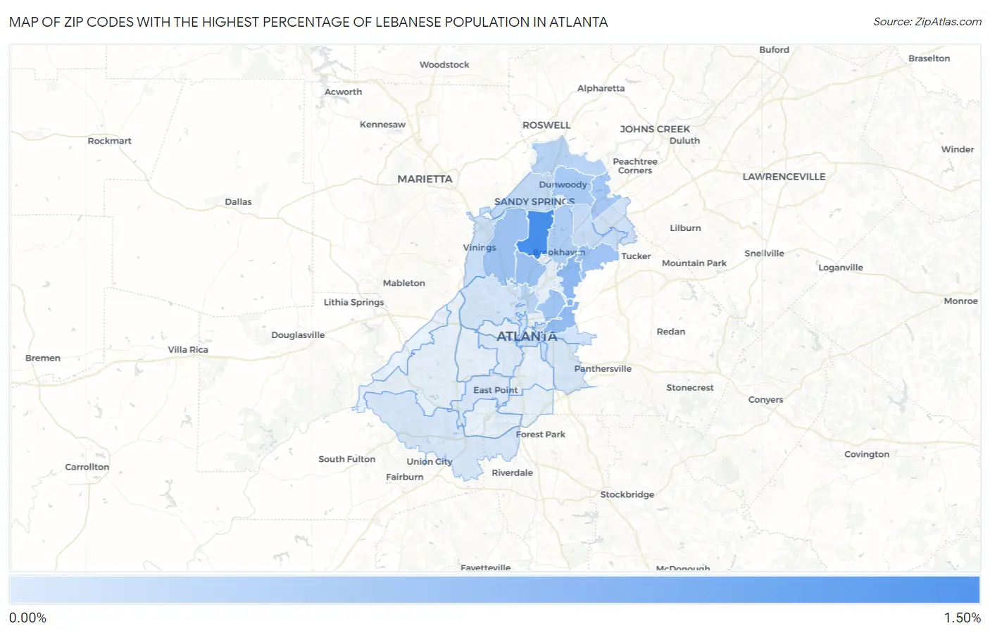 Zip Codes with the Highest Percentage of Lebanese Population in Atlanta Map