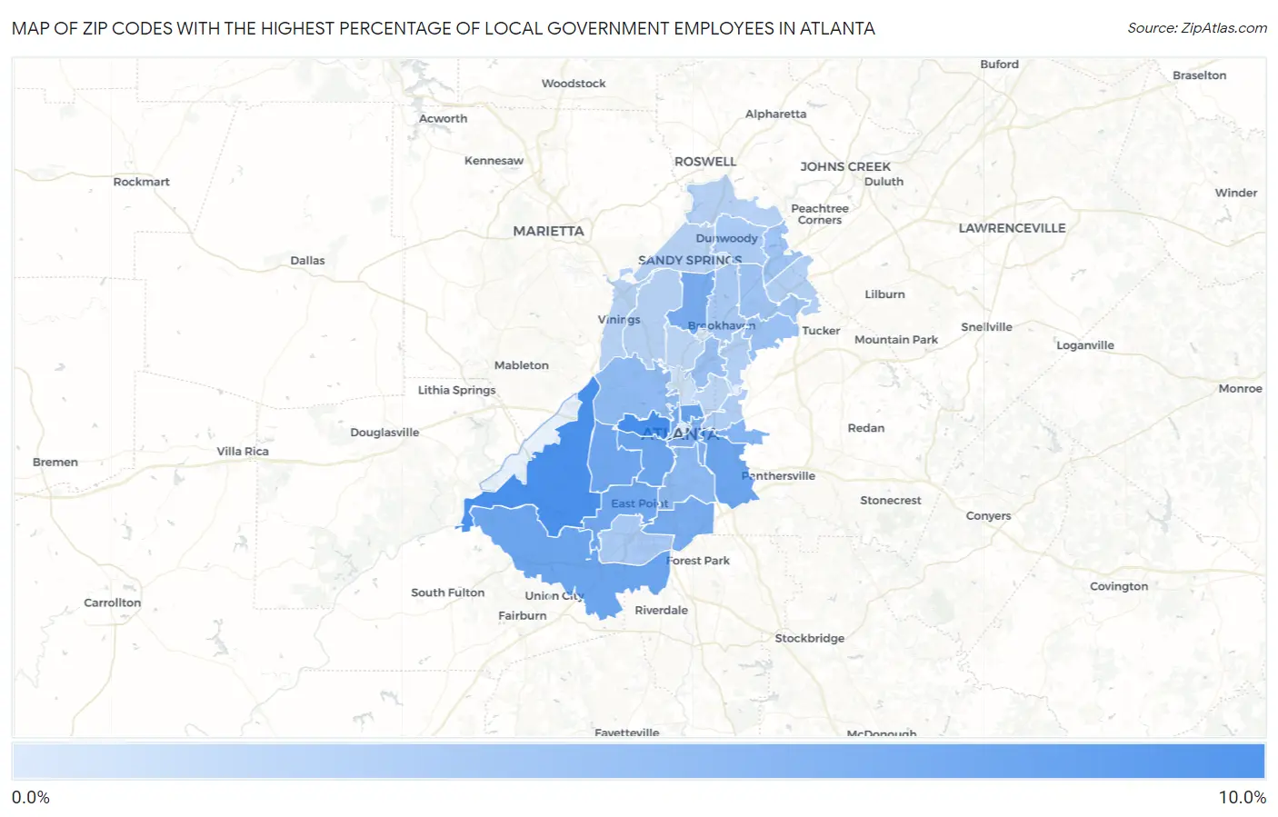 Zip Codes with the Highest Percentage of Local Government Employees in Atlanta Map
