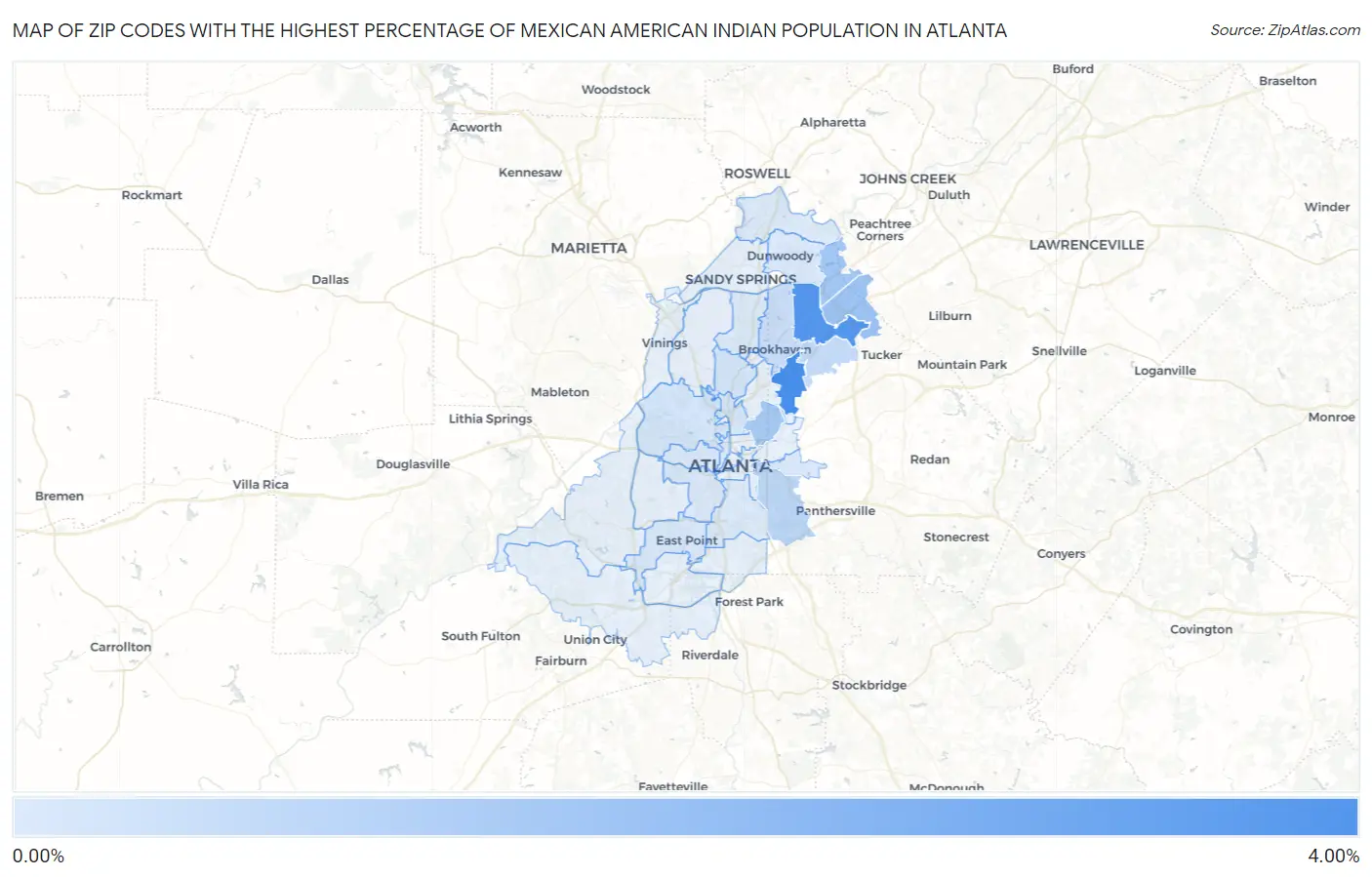 Zip Codes with the Highest Percentage of Mexican American Indian Population in Atlanta Map