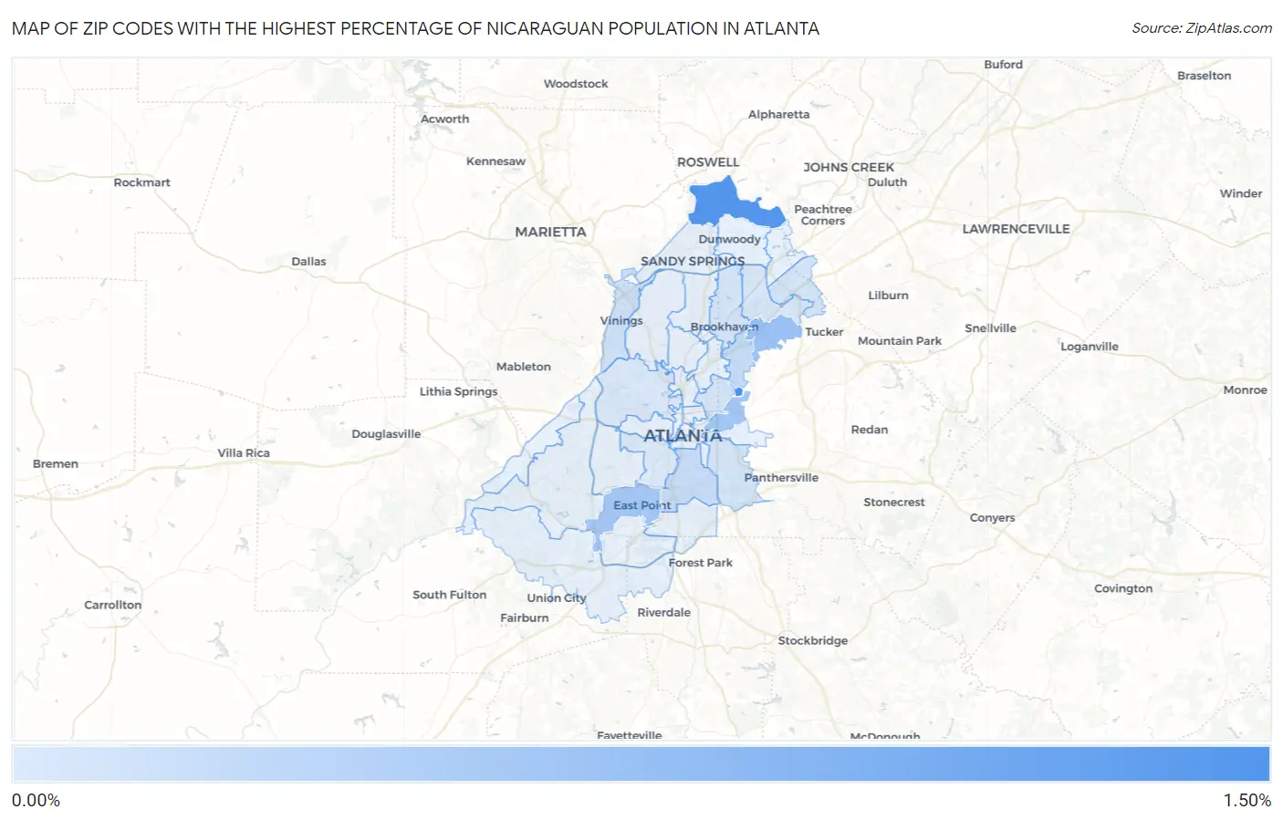 Zip Codes with the Highest Percentage of Nicaraguan Population in Atlanta Map