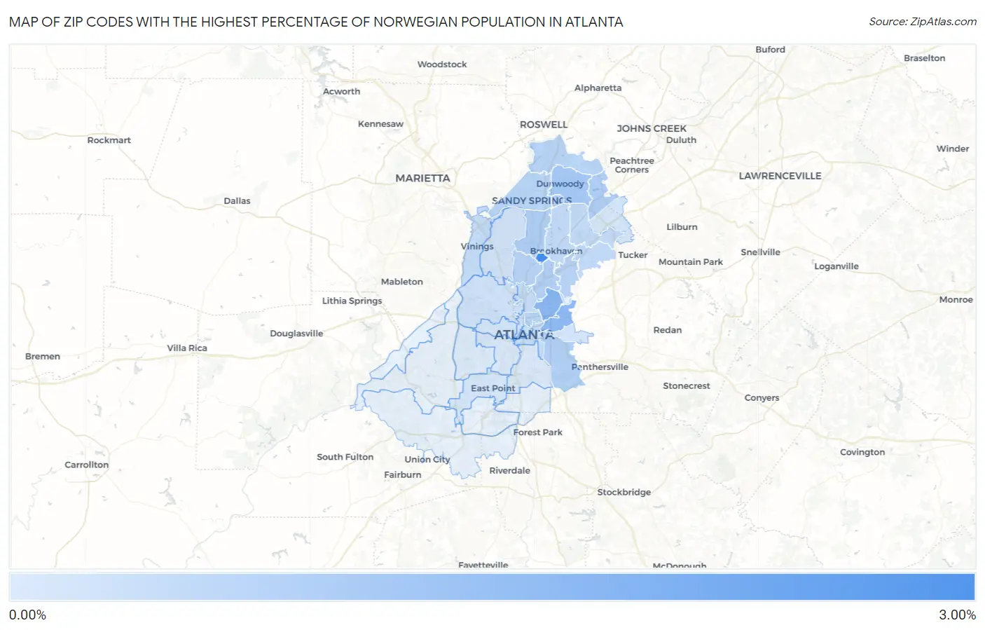 Zip Codes with the Highest Percentage of Norwegian Population in Atlanta Map