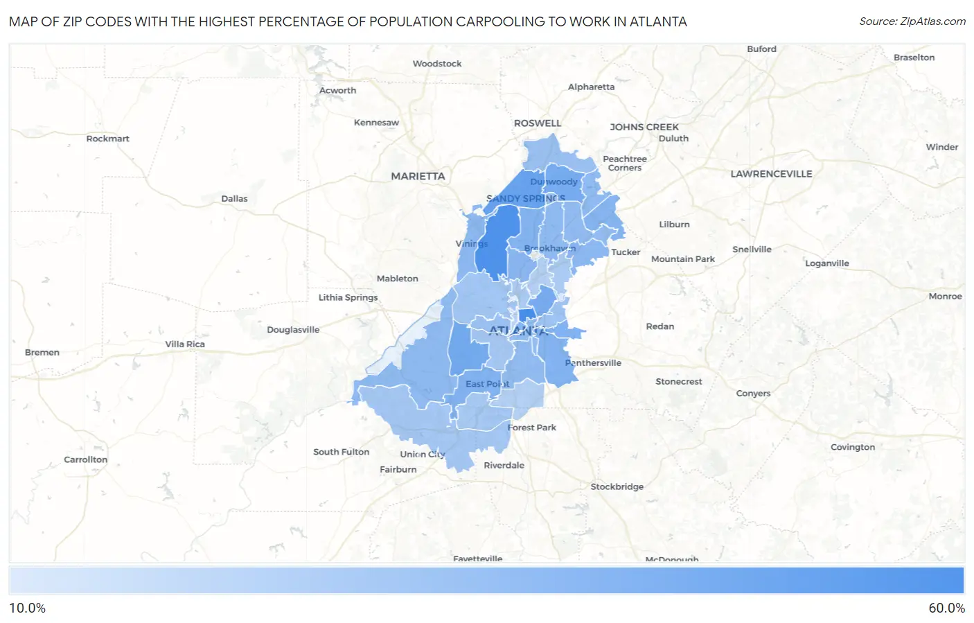 Zip Codes with the Highest Percentage of Population Carpooling to Work in Atlanta Map