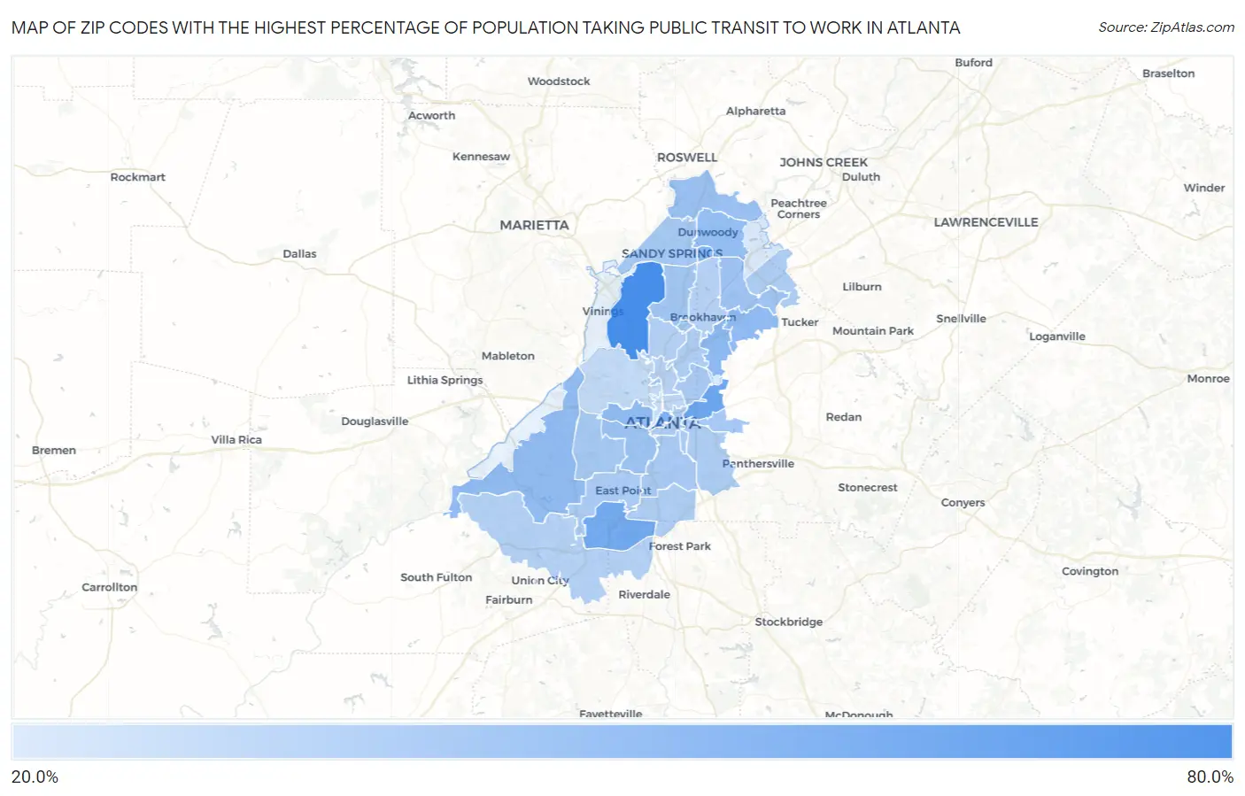Zip Codes with the Highest Percentage of Population Taking Public Transit to Work in Atlanta Map