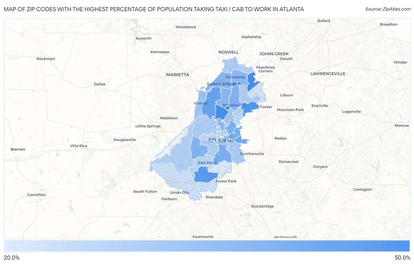 Zip Codes with the Highest Percentage of Population Taking Taxi / Cab to Work in Atlanta Map