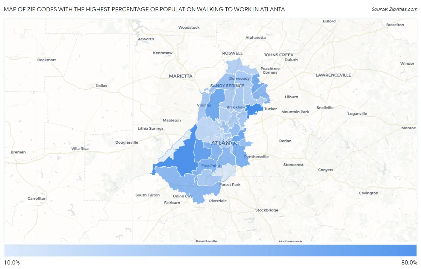 Zip Codes with the Highest Percentage of Population Walking to Work in Atlanta Map