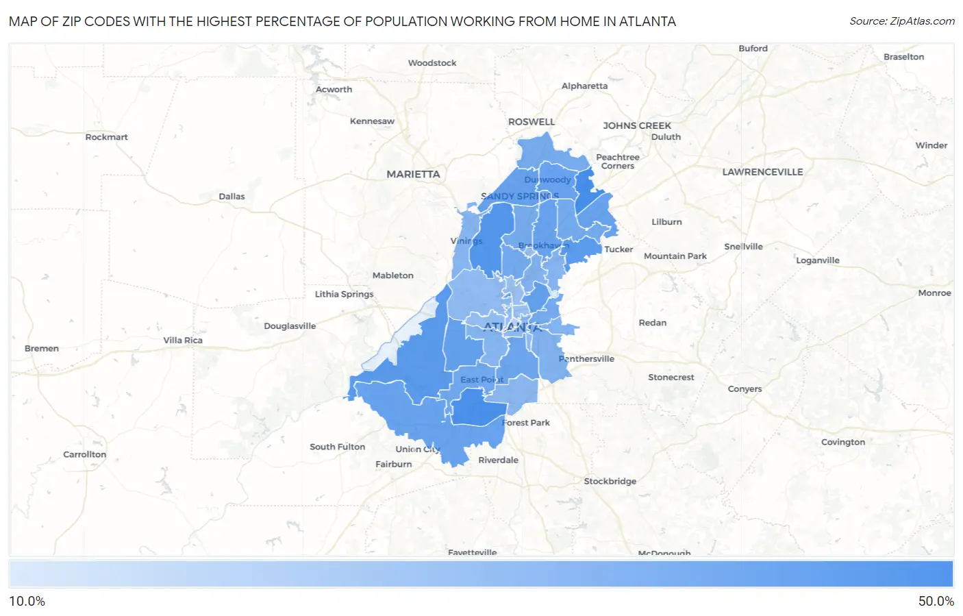 Zip Codes with the Highest Percentage of Population Working from Home in Atlanta Map