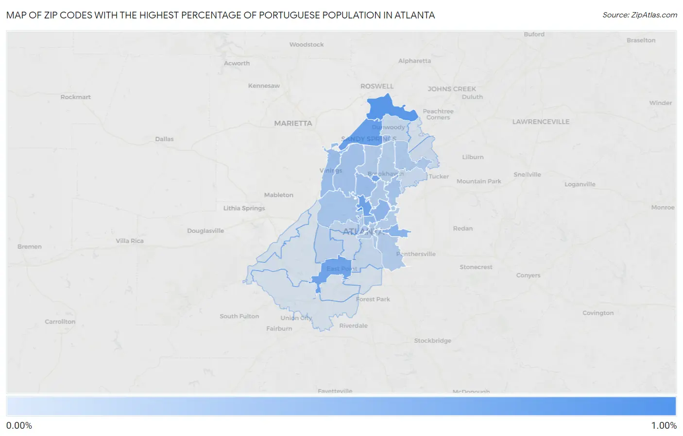 Zip Codes with the Highest Percentage of Portuguese Population in Atlanta Map