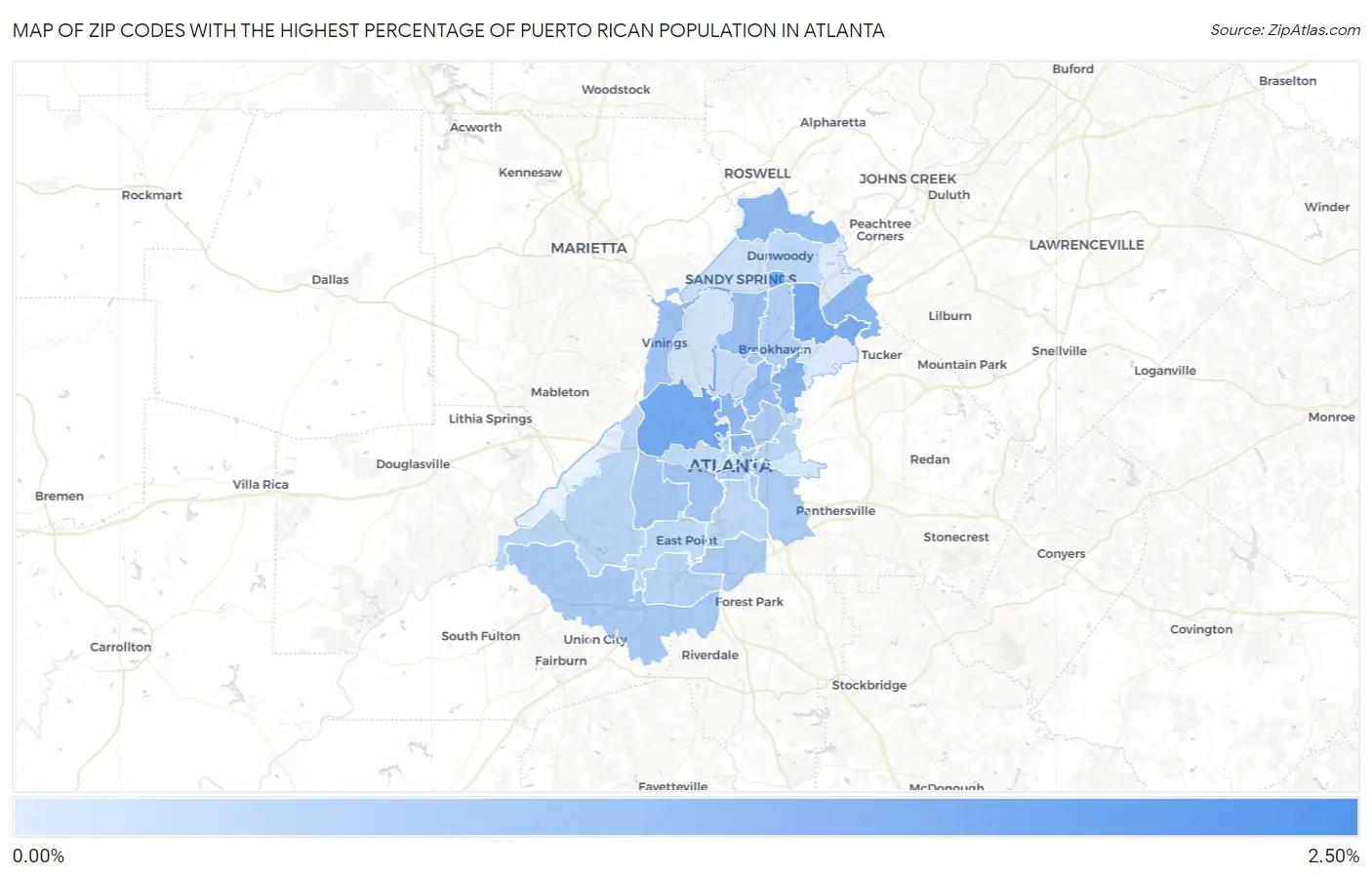 Zip Codes with the Highest Percentage of Puerto Rican Population in Atlanta Map