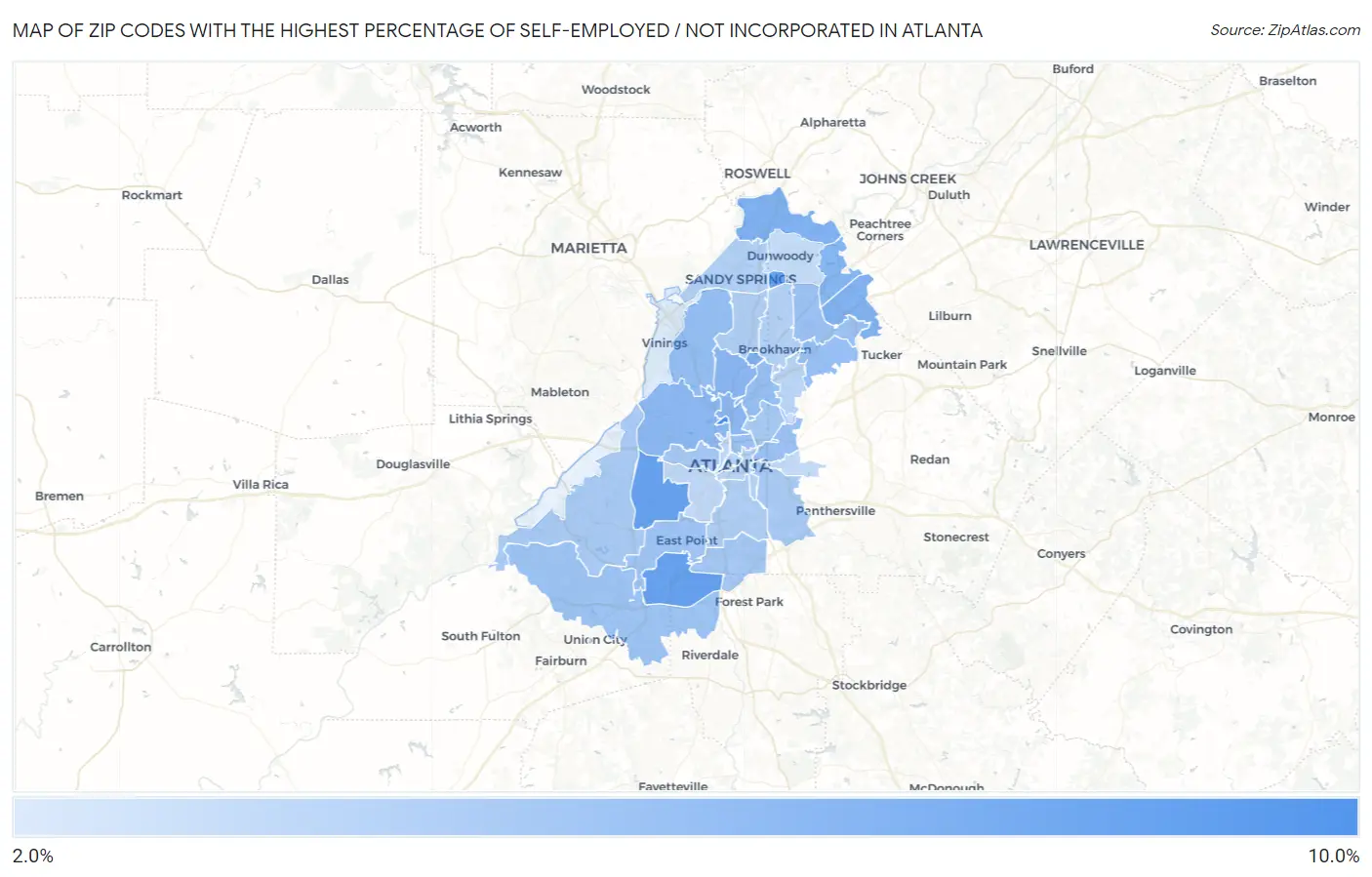 Zip Codes with the Highest Percentage of Self-Employed / Not Incorporated in Atlanta Map