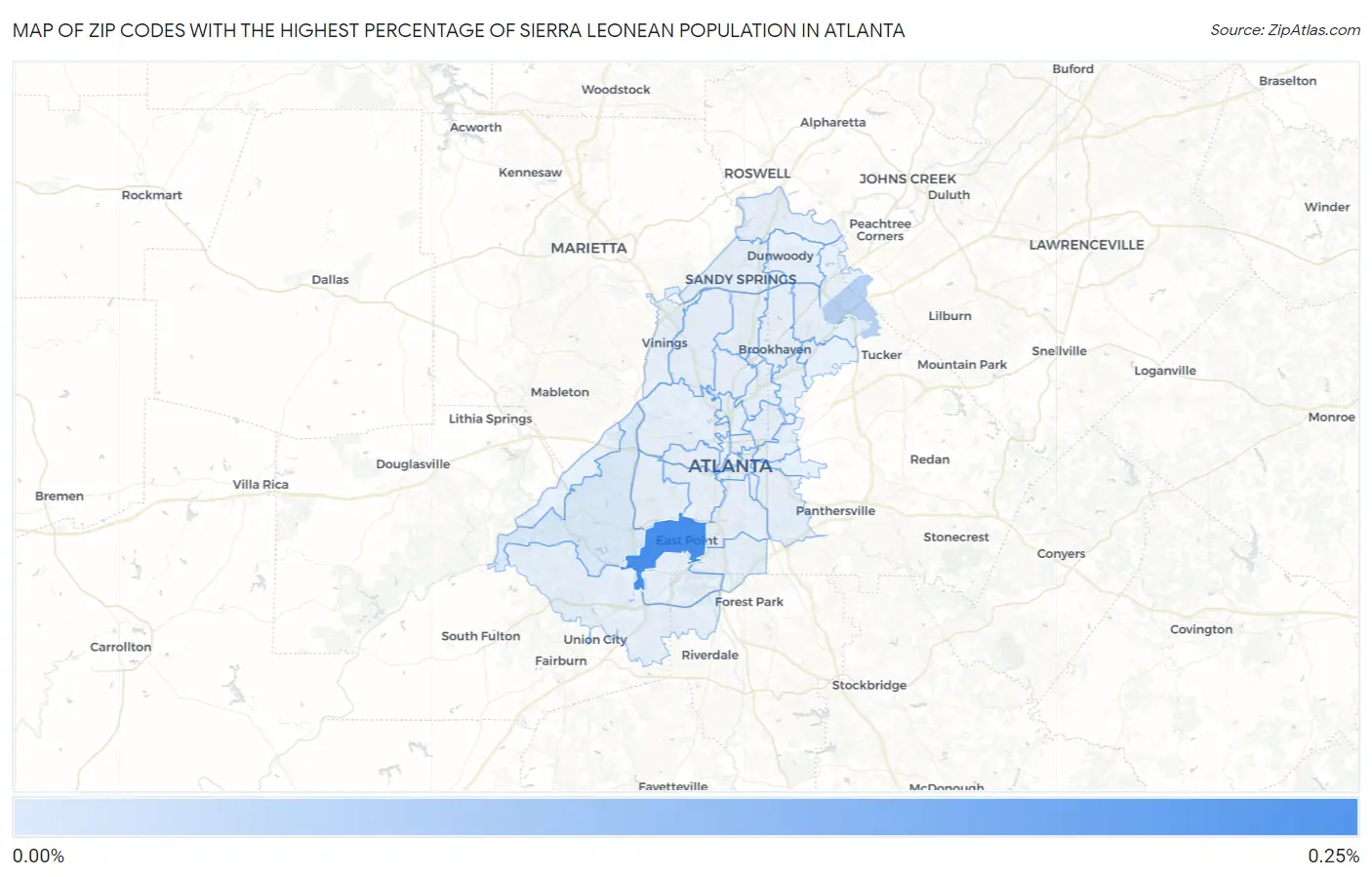 Zip Codes with the Highest Percentage of Sierra Leonean Population in Atlanta Map