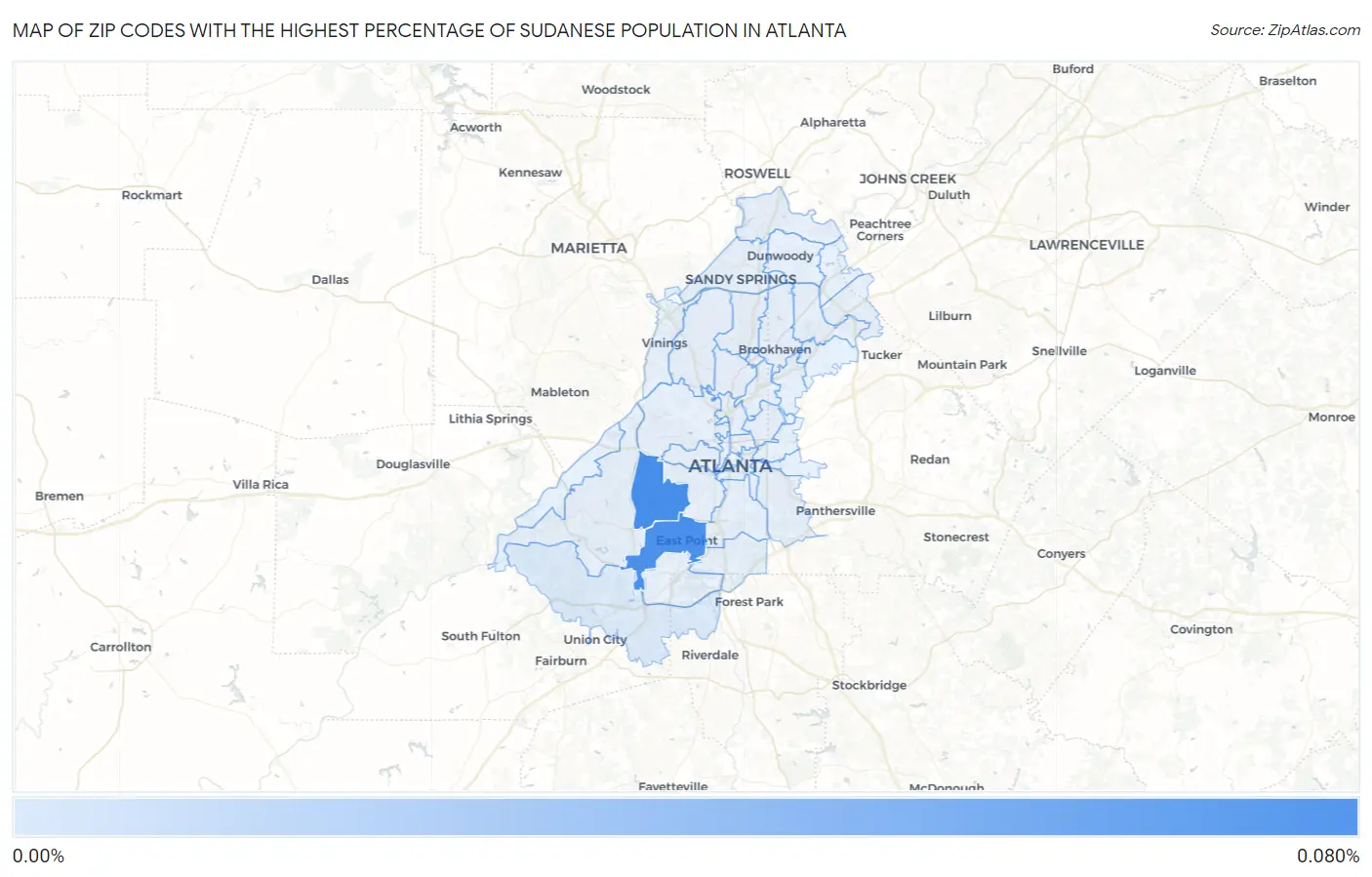 Zip Codes with the Highest Percentage of Sudanese Population in Atlanta Map