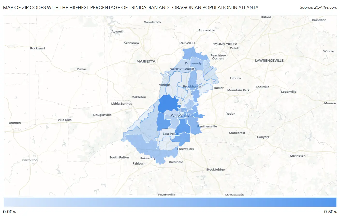 Zip Codes with the Highest Percentage of Trinidadian and Tobagonian Population in Atlanta Map