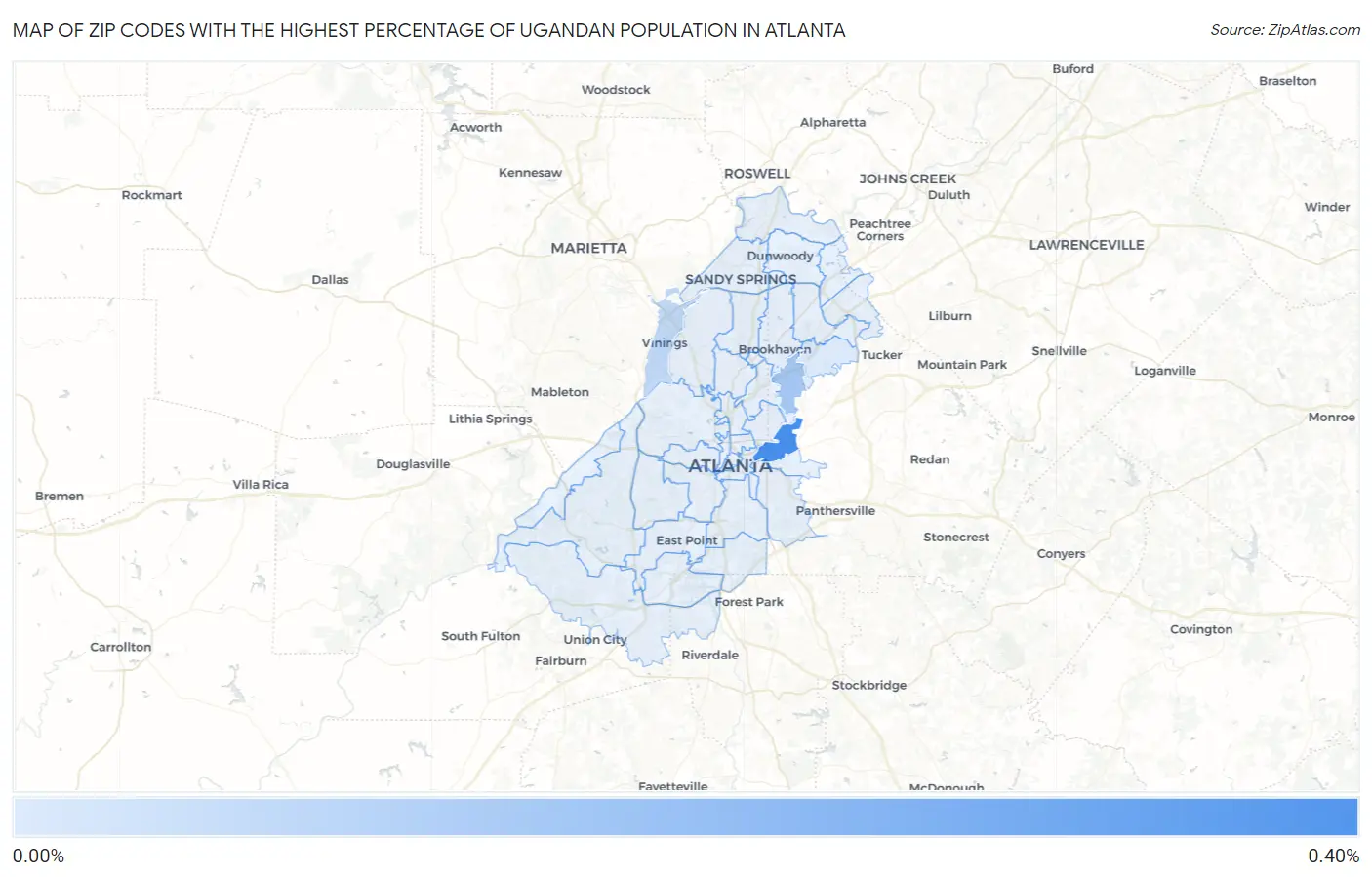 Zip Codes with the Highest Percentage of Ugandan Population in Atlanta Map