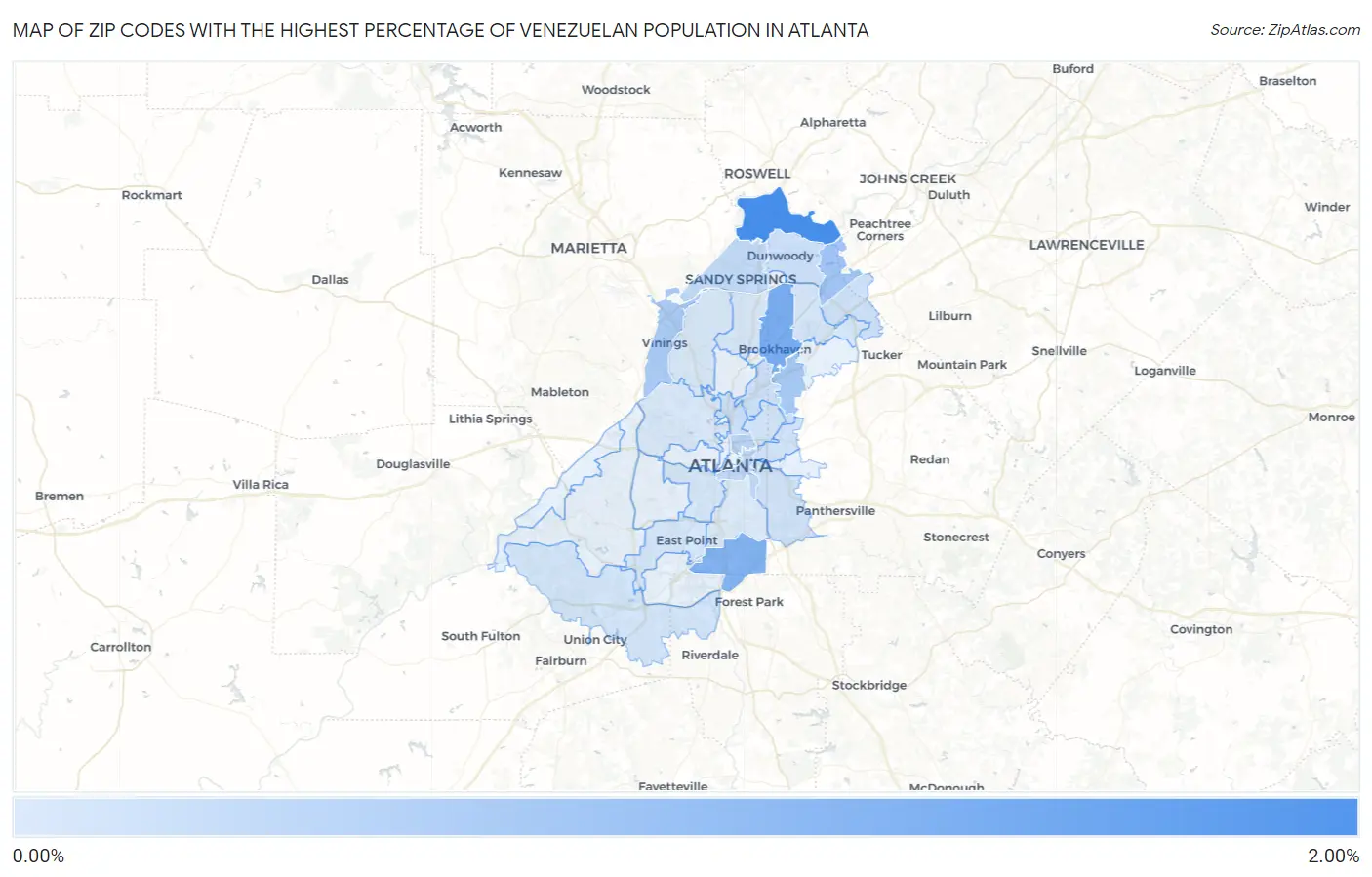 Zip Codes with the Highest Percentage of Venezuelan Population in Atlanta Map