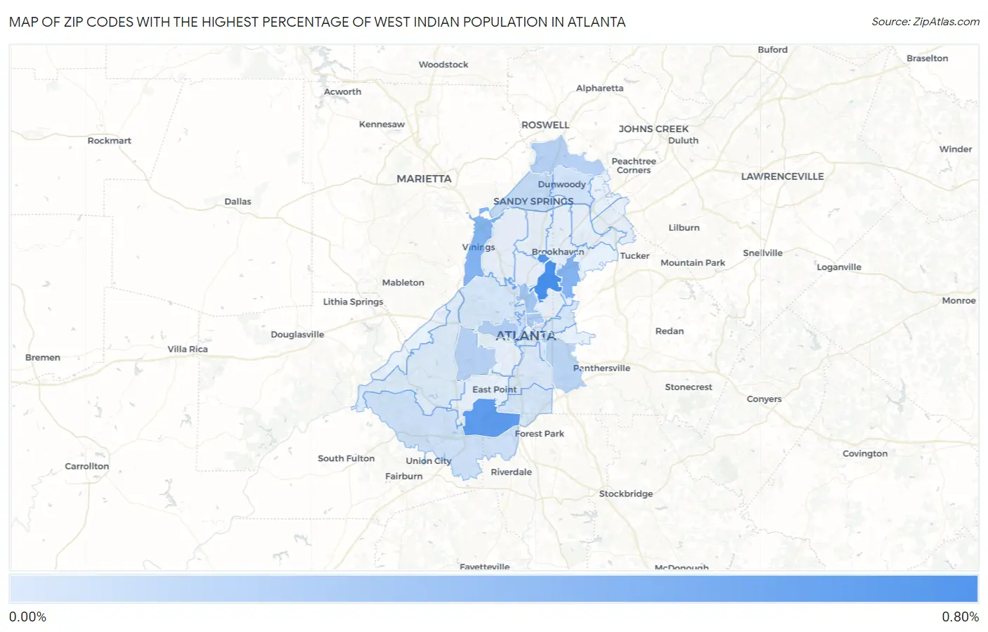 Zip Codes with the Highest Percentage of West Indian Population in Atlanta Map